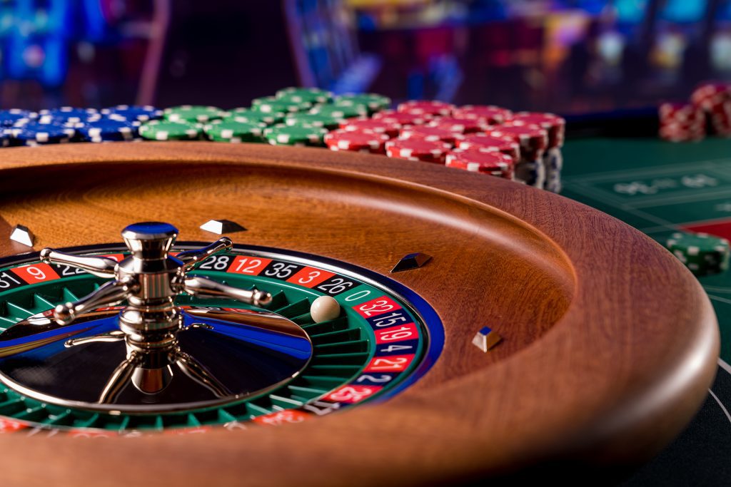 Close-up of a roulette wheel in a casino 
