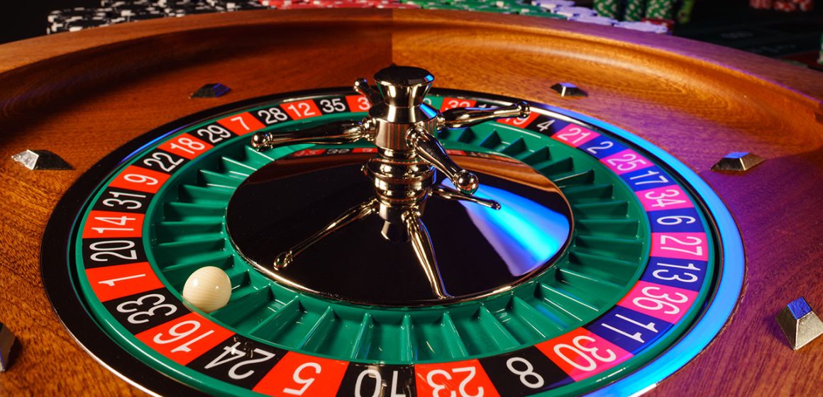 Close-up of a roulette wheel at the casino.